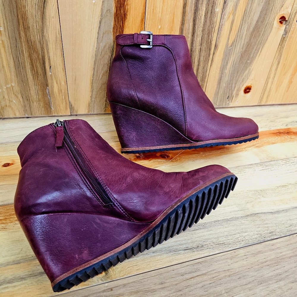 Biala Alaina Wedge Heel Wine Purple Leather Side Buckle Ankle Bootie